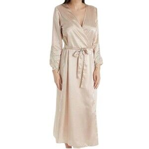 flora nikrooz satin long robe with lace almond beige size S/M